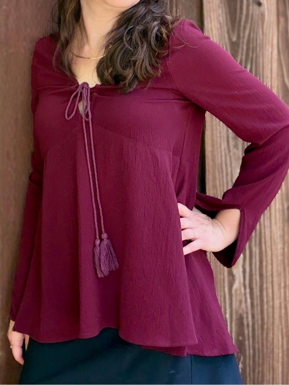 Entro Burgundy Lace Up Tassel Peasant Blouse Boho Small